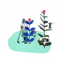 Collage: Schwarzweißbilder von jüdischen Kommunistinnen und Zeichnungen von Blumen