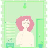 Illustration einer nackten Frau, die in einem sehr vollbepackten Badezimmer steht und sich die Zähne putzt